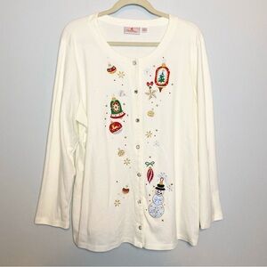 Quacker Factory Holiday Sparkle Snap Front Knit Cardigan -Ivory Sz XL